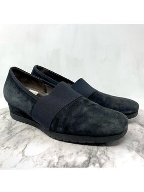 Gabor Classic Black Suede Slip-On Comfort Wedge Loafers 7.5 Preppy Sporty Chic